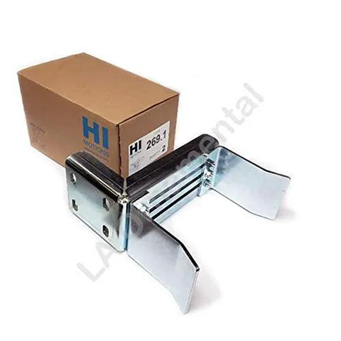 Tough As Nails Heavy Duty Adjustable Slide Gate Receiver Latch And Steel Gate Limit Stop Set For Bulletproof Fence Security Smooth Operation Outdoor Hardware Made In Italy next to its packaging, showcasing durable steel construction.