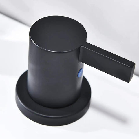 Matte Black Bathroom Sink Faucet With Widespread 8 Inch 3 Hole Vanity Fit, close-up of lever handle on modern fixture.