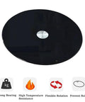 Heavy Duty 40 Inch Black Tempered GlassLazy Susan Turntable with silver spindle and sleek surface for easy serving.