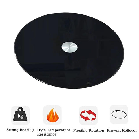 Heavy Duty 40 Inch Black Tempered GlassLazy Susan Turntable with silver spindle and sleek surface for easy serving.