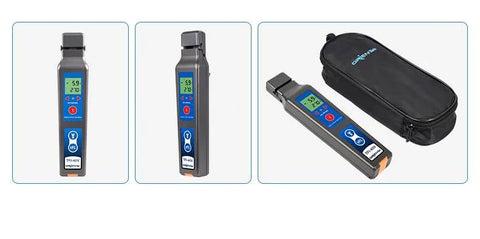 TFI-40V fiber optic identifier handheld device with blue LCD display, front view.

TFI-40V fiber optic identifier handheld device with blue LCD display, side view.

TFI-40V fiber optic identifier with blue LCD display shown beside black carrying case.