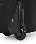 Luggage wheel close-up on black fabric rolling luggage with corner guard
