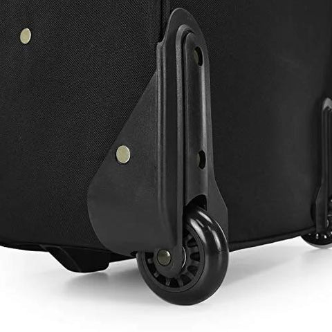 Luggage wheel close-up on black fabric rolling luggage with corner guard