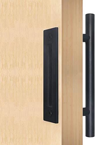 Side view of Matte Black Barn Door Handle Set For Sliding Doors, Ultra Thin.02 Inch Backplate installed on wooden door.