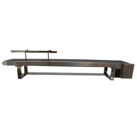 Desktop PVC Conveyor Belt System With Adjustable Speed For Industrial Transport Guardrail 59 Inch Long And 7.8 Inch Wide Black Belt 110V Stainless Steel Frame Pro Grade Heavy Duty Anti Wear Heat Oil Resistant, side view
