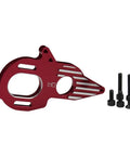 Red aluminum adjustable motor mount for Arrma 1 10 4x4 BLX vehicles with slider gear ratio and cooling fins, shown with bolts.