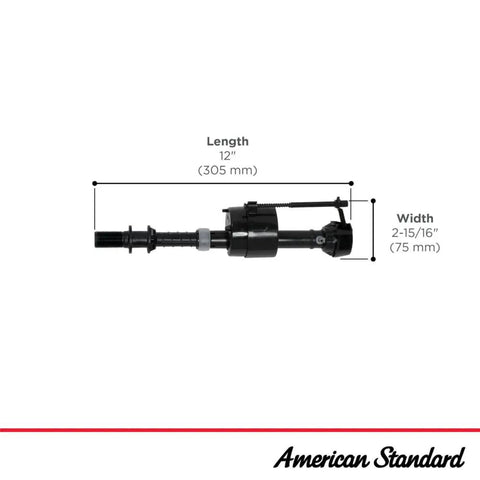 Universal Toilet Fill Valve In Black Fits Most Toilet Tanks, Heavy Duty, Easy Install with dimensions 12" x 2-15/16".