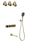 Slick Wall Mounted Shower System Featuring Embedded Digital Led Temperature Display And Heavy Duty Waterfall Rain Head In Matte White And Brushed Gold.