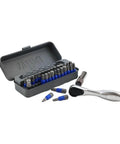 Killer Quality 32 Piece Impact Bit Set With Compact Mini Ratchet And Dependable Magnetic Driver For Quick On Site Repairs Covering Torx Phillips Hex Bits in gray case with various screwdriver bits.