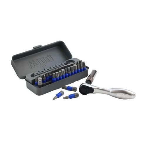 Killer Quality 32 Piece Impact Bit Set With Compact Mini Ratchet And Dependable Magnetic Driver For Quick On Site Repairs Covering Torx Phillips Hex Bits in gray case with various screwdriver bits.