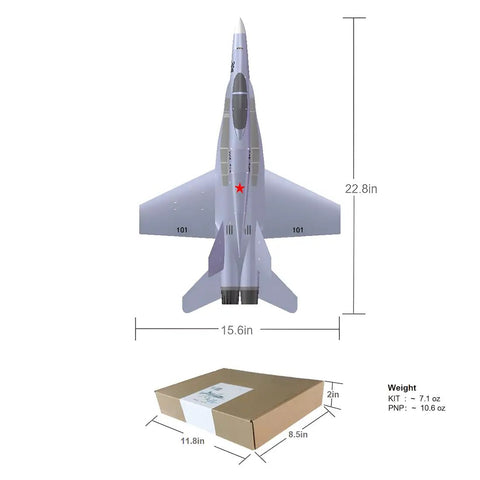 Top view of F 18 Style RC Aircraft Kit With Dual 30mm Ducted Fans And A 395mm Wingspan DIY Fixed Wing Build with package dimensions.