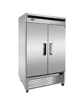 Chef Approved Commercial Reach In Refrigerator Featuring Bottom Mount Compressor And Slick Stainless Steel Finish, front view with double doors.