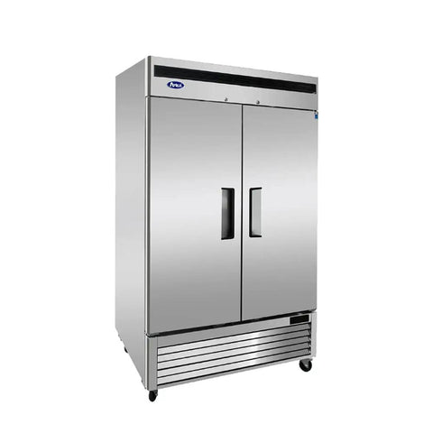 Chef Approved Commercial Reach In Refrigerator Featuring Bottom Mount Compressor And Slick Stainless Steel Finish, front view with double doors.