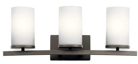 Crosby 23-Inch 3-Light Vanity Light in Satin Etched Cased Opal Glass and Olde Bronze, modern classic bathroom lighting.