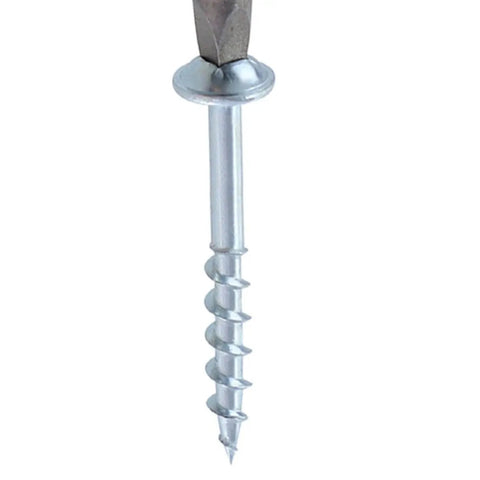 Close-up of a screw from Woodworking Self Tapping Screws Set Of One Hundred Pieces One And A Half Inch Length Carbon Steel With Coarse Threads