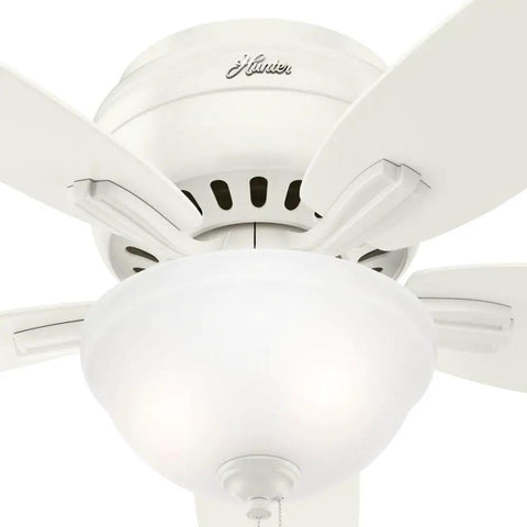 Close-up of 52 Inch Indoor Ceiling Fan With LED Light White Fresh Finish Low Profile Flush Mount Pull Chain Five Blades