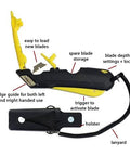 Veltec EZ-1000 yellow box cutter with squeeze trigger, 3 blade depth settings, dual edge guides, holster and lanyard (front view)