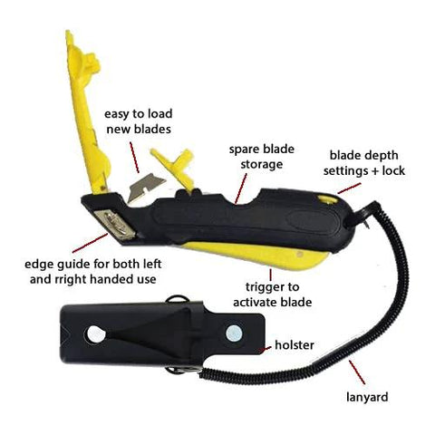 Veltec EZ-1000 yellow box cutter with squeeze trigger, 3 blade depth settings, dual edge guides, holster and lanyard (front view)