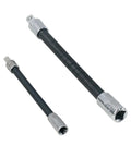 Two flexible socket extension rods for 1/4 and 3/8 inch drives, part of the Flexible Socket Extension Kit For 1/4 And 3/8 Inch Drives Go To Bendable Wrench Extension Rods That Reach Tight Spots Impact Ready Power Tool Accessory Versatile Durable Cable Extender For Angled Bolts And Hard To Reach Fasteners placed side by side against a white background.