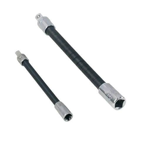 Two flexible socket extension rods for 1/4 and 3/8 inch drives, part of the Flexible Socket Extension Kit For 1/4 And 3/8 Inch Drives Go To Bendable Wrench Extension Rods That Reach Tight Spots Impact Ready Power Tool Accessory Versatile Durable Cable Extender For Angled Bolts And Hard To Reach Fasteners placed side by side against a white background.