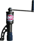 Front view of NUT Buddy automotive tool by AME Intl; black metal body with blue knurled crank handle