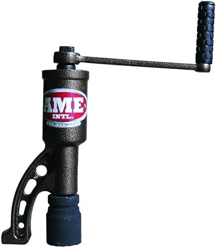 Front view of NUT Buddy automotive tool by AME Intl; black metal body with blue knurled crank handle