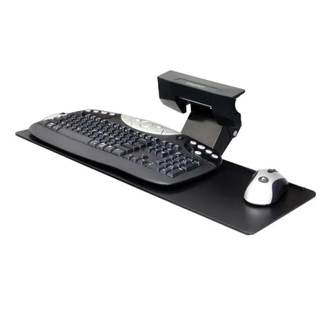 Razor Smooth Glide Under Desk Keyboard Tray With Adjustable Height Slide Out Arm and Easy Tilt Lift Ergonomics for a Game Changing Home Office Workstation Setup with keyboard and mouse.