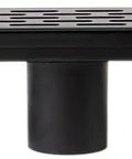 32 Inch Linear Shower Drain With Slick Black Matte Trim Guides Flow Fast Using Boss Level 14 Gauge 304 Stainless Steel, side view.
