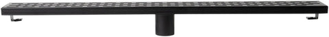 32 Inch Linear Shower Drain With Slick Black Matte Trim Guides Flow Fast Using Boss Level 14 Gauge 304 Stainless Steel, side view.