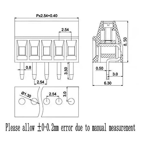 10 Pack 5 Pin 2.54Mm Pitch Pcb Screw Terminal Block Rock Solid Quick Connect dimensions and schematic illustration.