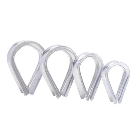 Close-up of stainless steel thimbles from Must Have All In One M6 Wire Rope Hardware Kit with 304 Stainless Steel Cable Clamps Thimbles and Aluminum Crimp Loop Sleeves for Quarter Inch Wire Rope.