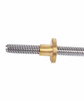 Close-up of stainless steel lead screw rod with brass nut for stepper motor applications, smooth Z axis threaded rod for 3D printers.