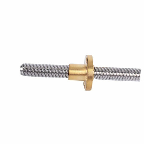 Close-up of stainless steel lead screw rod with brass nut for stepper motor applications, smooth Z axis threaded rod for 3D printers.