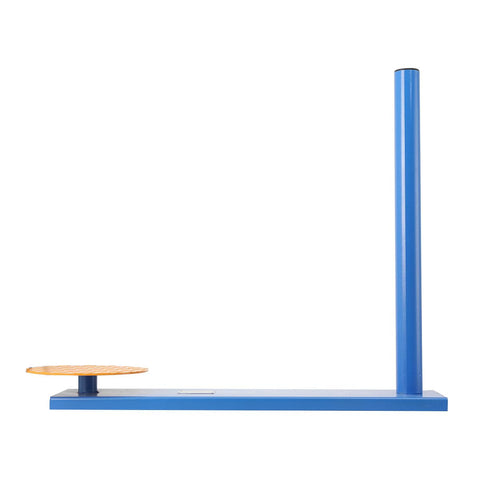 Heavy Duty Manual Stretch Film Dispenser Portable Wrap Tool For Quick Pallet Packaging And Warehouse Shipping Tasks You Can Knock Out In No Time Flat Today, blue metal structure with round base.