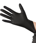 Person wearing Heavy Duty Black Nitrile Disposable Gloves 100 Count 6 Mil Extra Thick Latex Free Textured Roll Cuff Medical Grade Exam Wear.