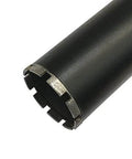 3-1/2 in wet concrete core bit, end view with diamond segments, black steel body, 1-1/4-7 arbor