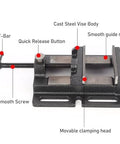 Front view of a 4-inch small flat table woodworking vise with cast steel body and movable clamping head
