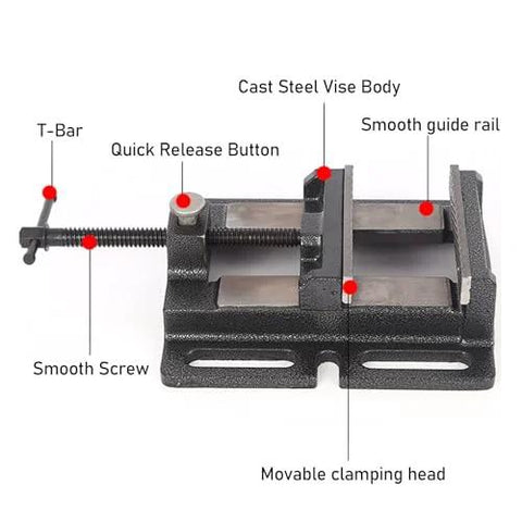 Front view of a 4-inch small flat table woodworking vise with cast steel body and movable clamping head