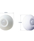 PIR Ceiling Mount Occupancy Sensor For 120 277V 1000W Load 570 Sq Ft Coverage White Finish, front and side view showing dimensions