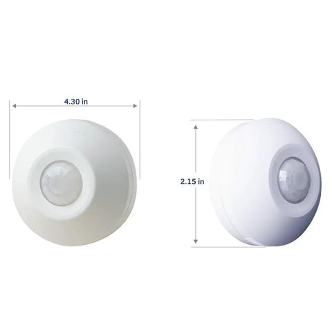 PIR Ceiling Mount Occupancy Sensor For 120 277V 1000W Load 570 Sq Ft Coverage White Finish, front and side view showing dimensions