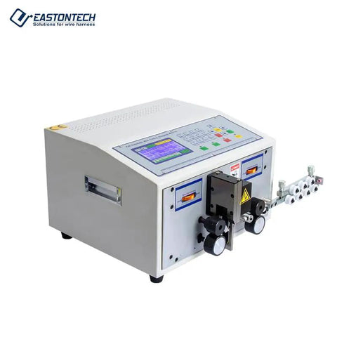 Automatic Cable Wire Cutting Stripping Machine High Speed Computerized Wire Processor With 100 Memory Programs For Pvc Teflon And Silicone Insulation side view with controls and output.