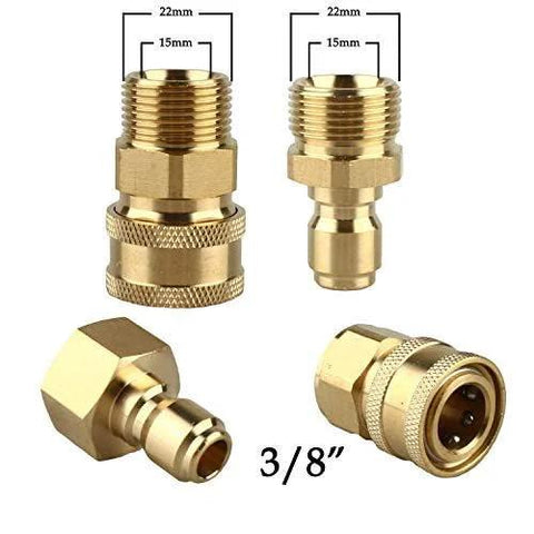 Brass pressure washer adapter set in multiple views, M22-15mm male threads and 3/8-inch quick-connect fittings