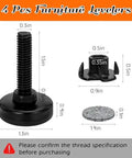 Diagram of Beefy Heavy Duty Furniture Leveling Feet Set dimensions and components, including black feet and felt pad.