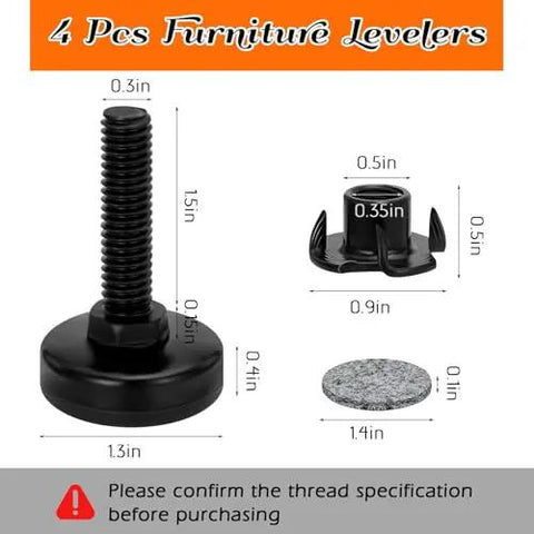 Diagram of Beefy Heavy Duty Furniture Leveling Feet Set dimensions and components, including black feet and felt pad.
