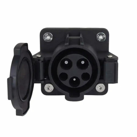 Built Tough Type 1 J1772 EVSE Inlet With 3.2 FT Level One And Two Charging Cable 16 Amp Electric Vehicle Socket Port close-up view.