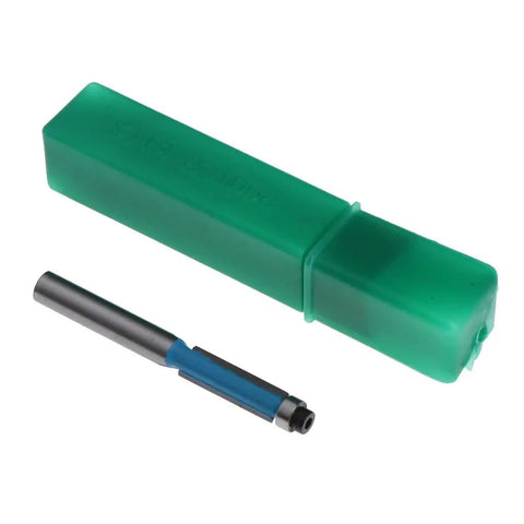 Jinhxofs 6-Piece Heavy Duty Flush Trim Router Bits With Alloy Tipped Cutters For Smooth Milling And Balanced Work On Solid Wood Or Particleboard, includes a router bit and green casing.
