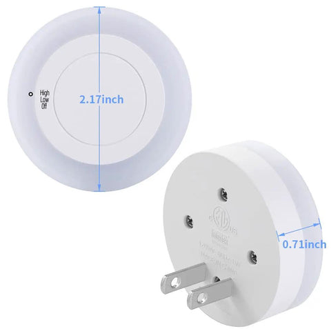 Front and back view of Manual LED Night Light With High Low Off Switch 20 Lumens Brightness Glare Free Warm White 3000K