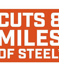 Snips banner on orange background with white text CUTS 8 MILES OF STEEL.