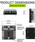 Dimensions of Waterproof 6 Way Fuse Block With Ground Negative Busbar, 100 Amp Max, LED Indicator, 12-24V DC shown in diagram.