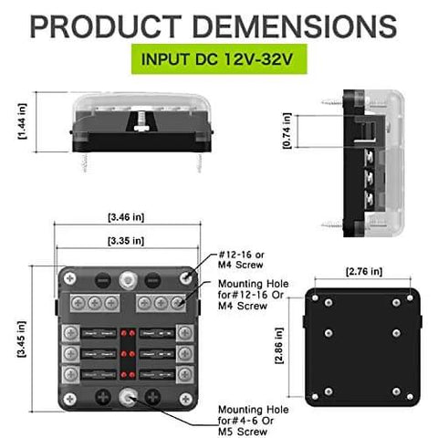 Dimensions of Waterproof 6 Way Fuse Block With Ground Negative Busbar, 100 Amp Max, LED Indicator, 12-24V DC shown in diagram.